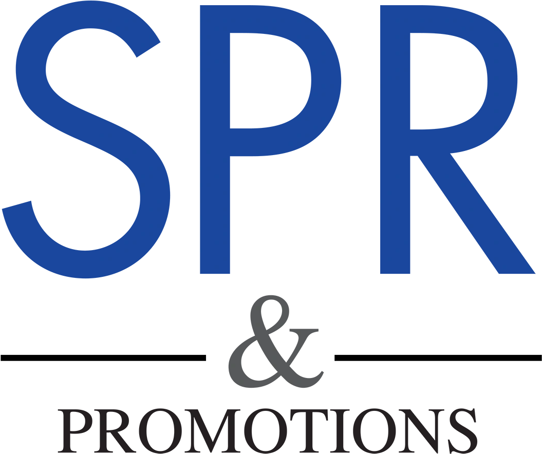 企業標誌 S P R Promotions 壁紙 — 黑色背景上，粗體藍色SPR文字與&符號，下方灰色促銷資訊。