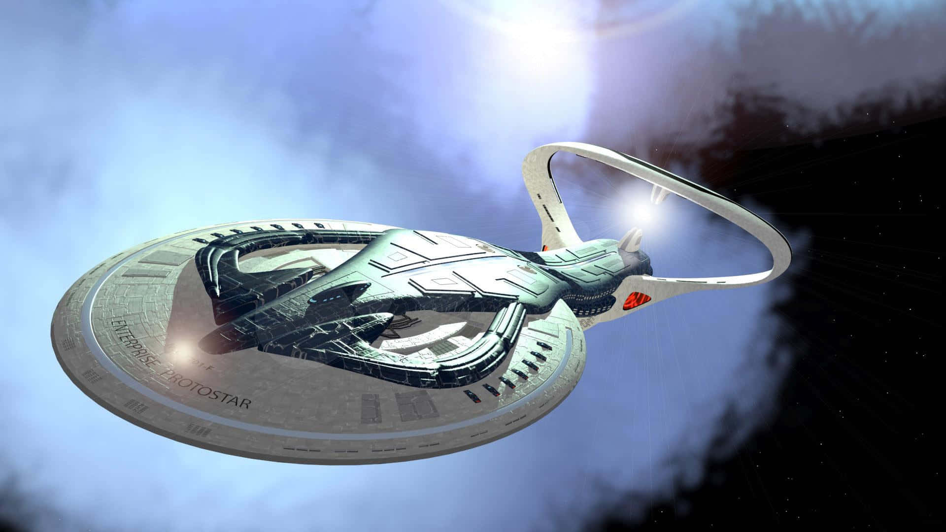 未來星艦在太空中飛行，帶有發光引擎和星空背景。