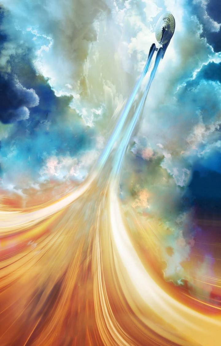 企業號啟航，探索未知邊疆 壁紙 — 一艘星艦向上劃過充滿活力的天空，留下橙色和藍色能量的發光軌跡。