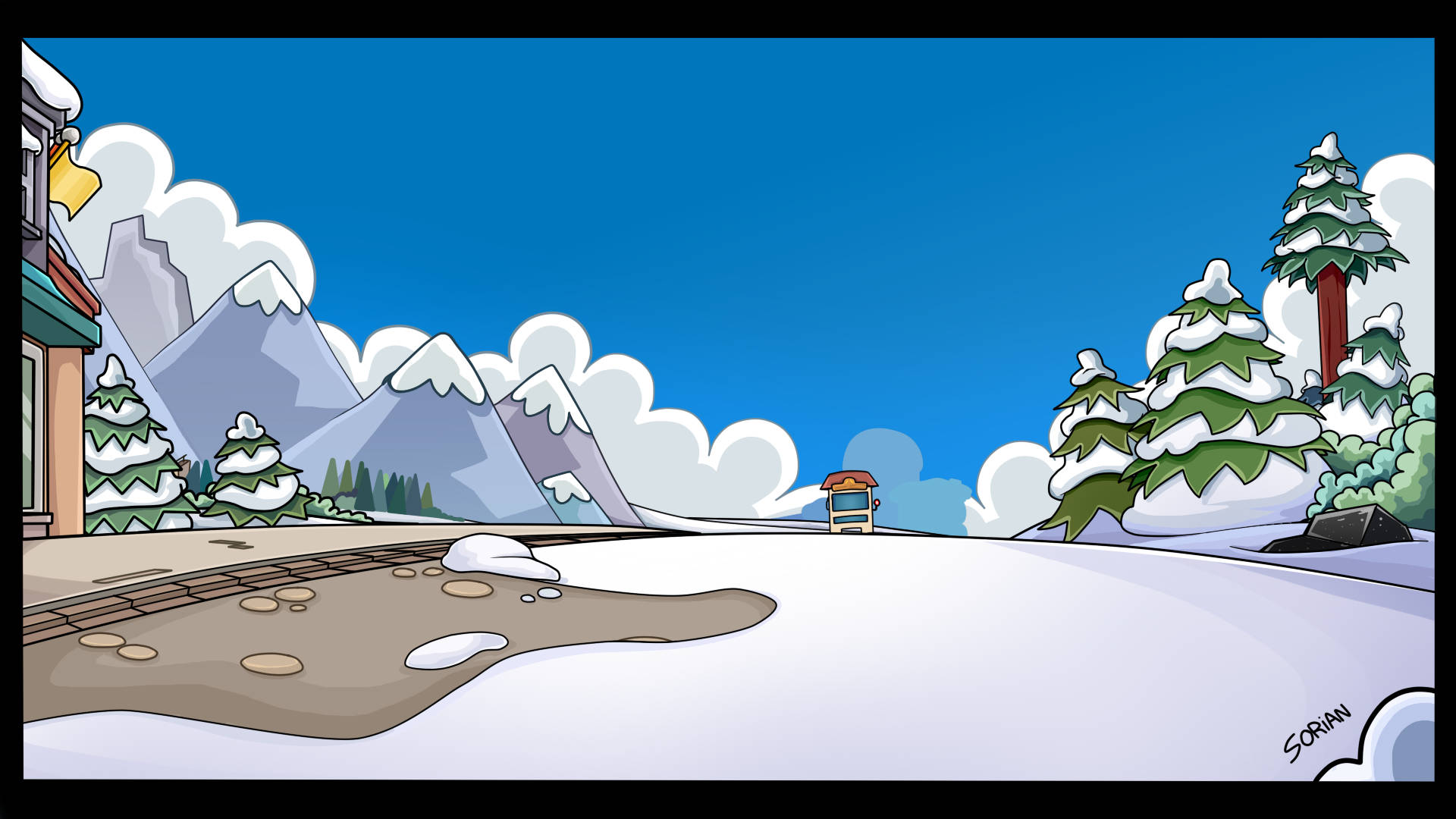 一列卡通火車在藍天下靠近山脈和松樹的雪地軌道上行駛。