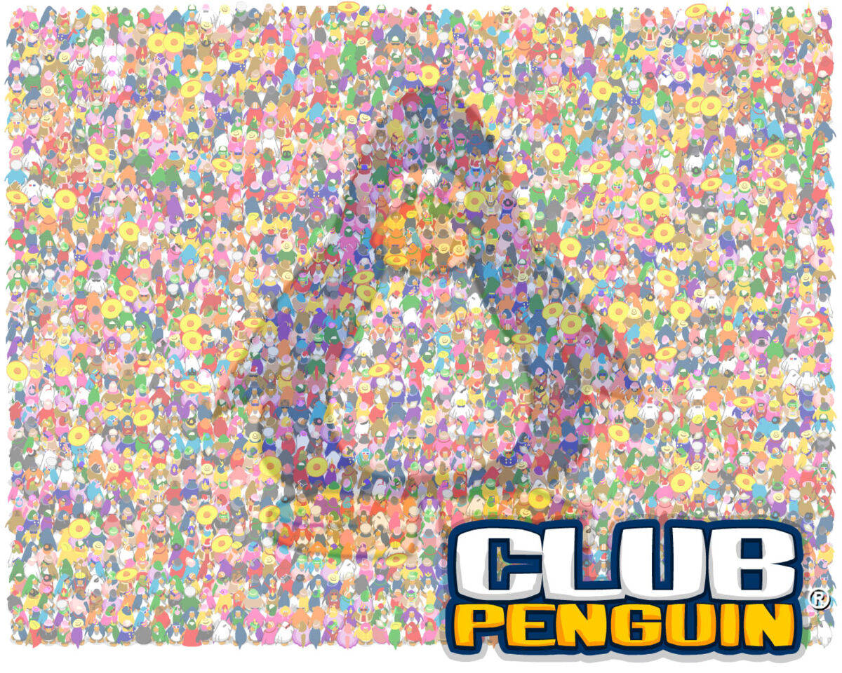 一個由許多小型Club Penguin角色和遊戲標誌組成的大型企鵝。