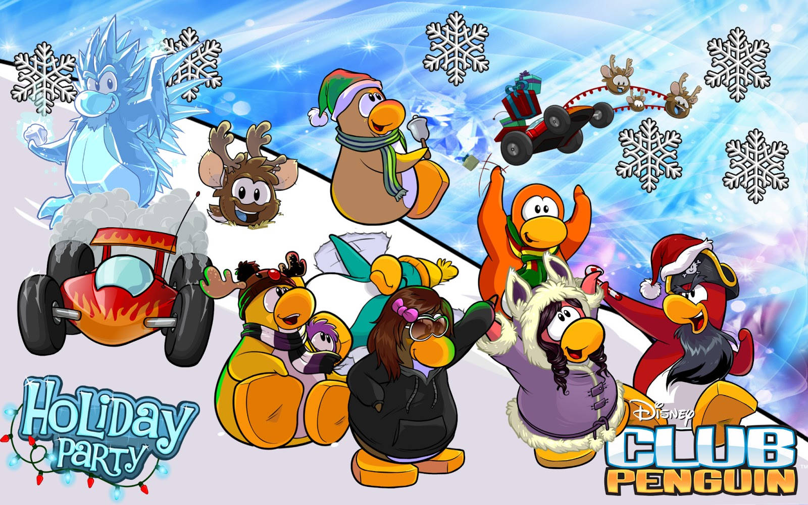 Club Penguin 角色穿著冬季節日服裝，用雪花和賽車慶祝。