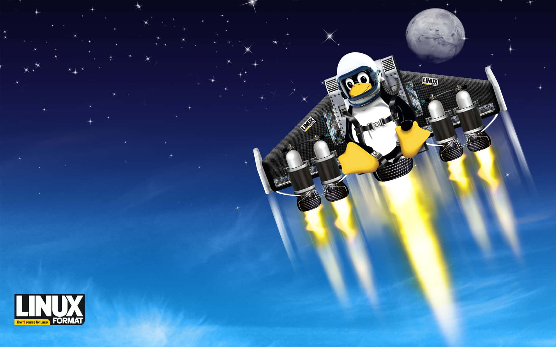 Linux 背景：企鵝駕火箭飛行