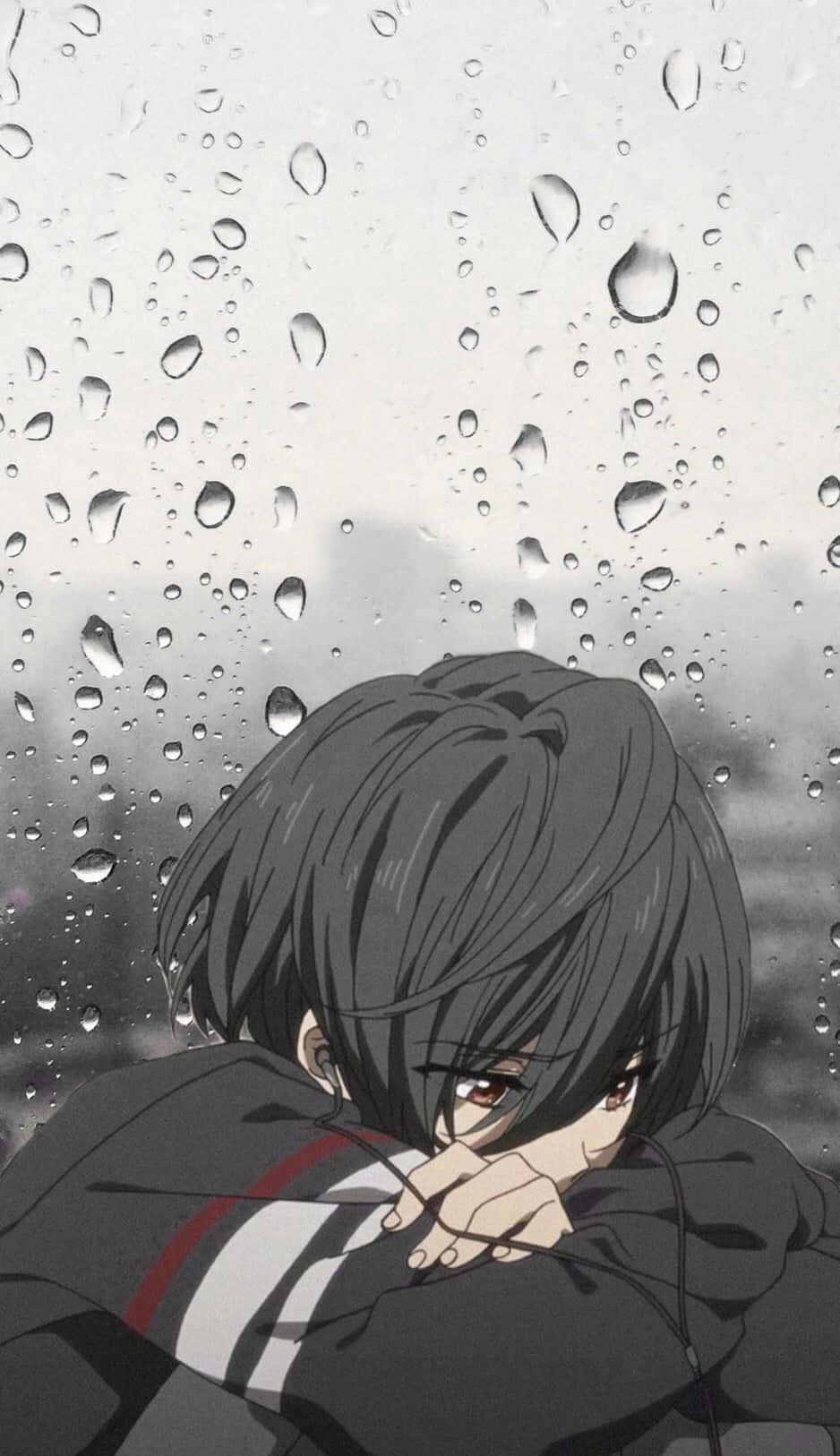 深色頭髮的動漫女孩在雨窗前悲傷地低頭。