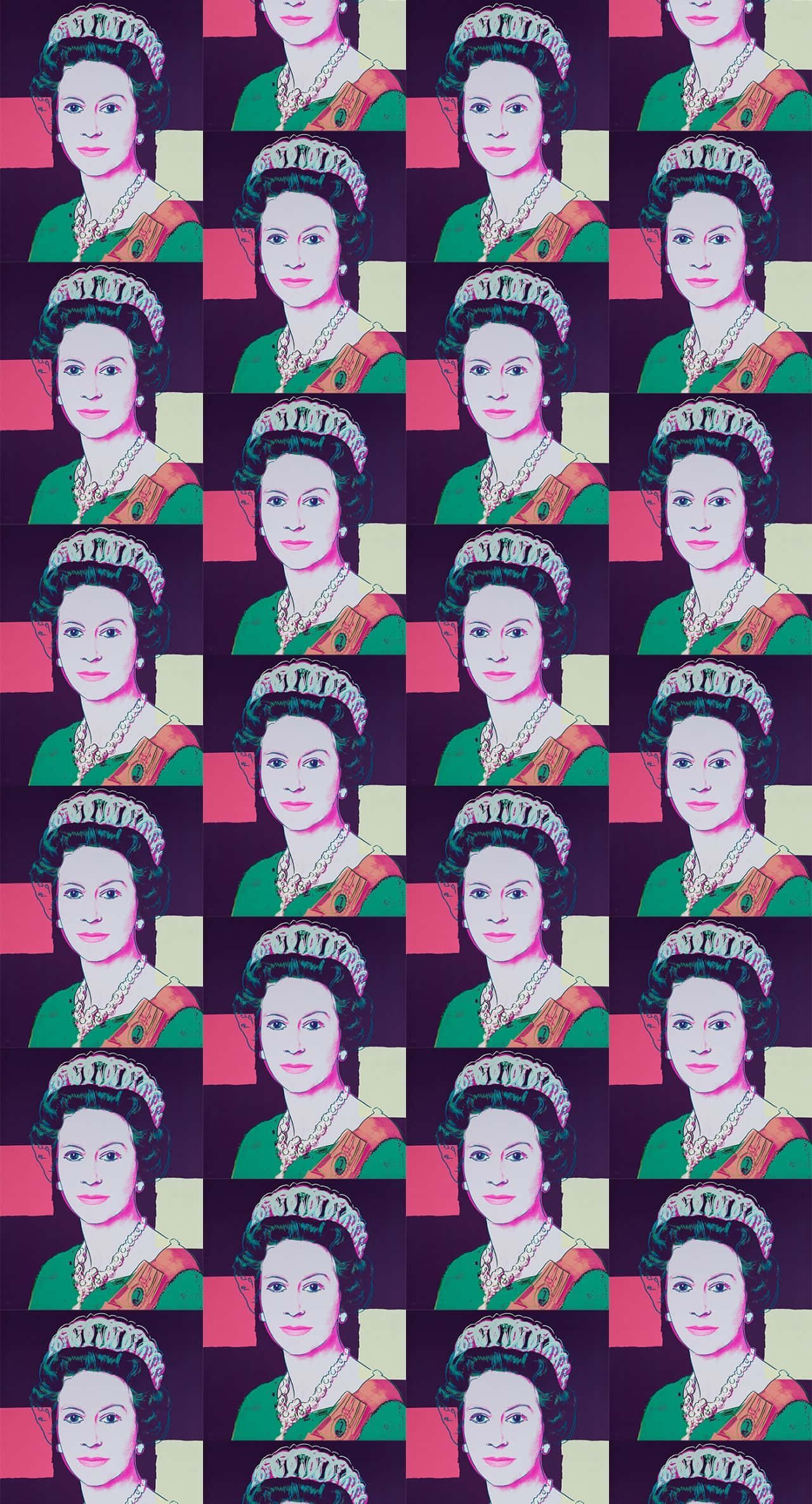 Queen Elizabeth 桌布 壁紙 — 伊利沙伯二世女皇的普普藝術重複肖像，身穿皇室服飾，背景為大膽的粉紅和紫色格紋。