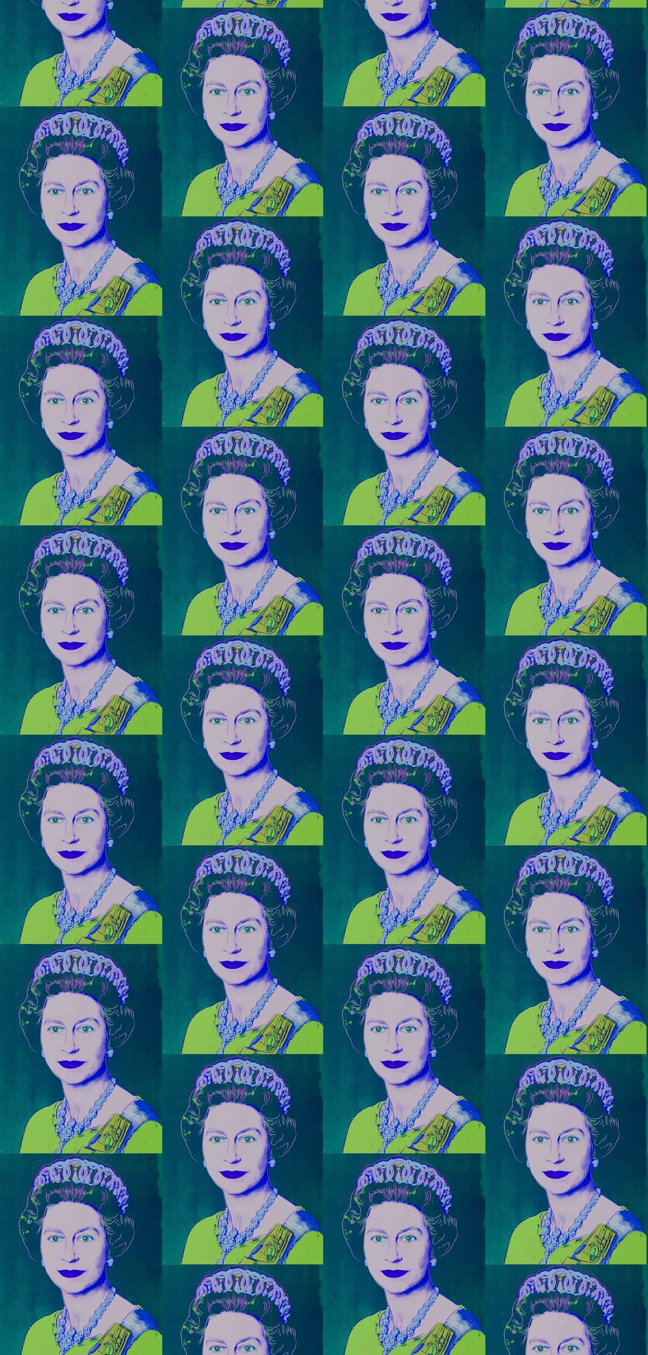 Queen Elizabeth 桌布 壁紙 — 伊利沙伯二世女皇的重複肖像，採用鮮豔的綠色和藍色色調，帶有粗線條和半色調點。
