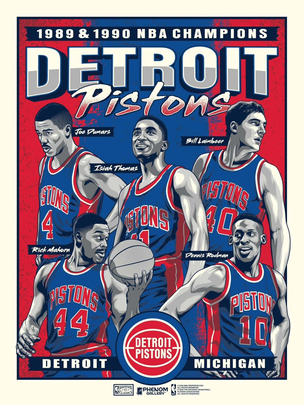 1989 1990 年底特律活塞隊 NBA 冠軍插圖海報，五名身穿藍紅球衣的球員。