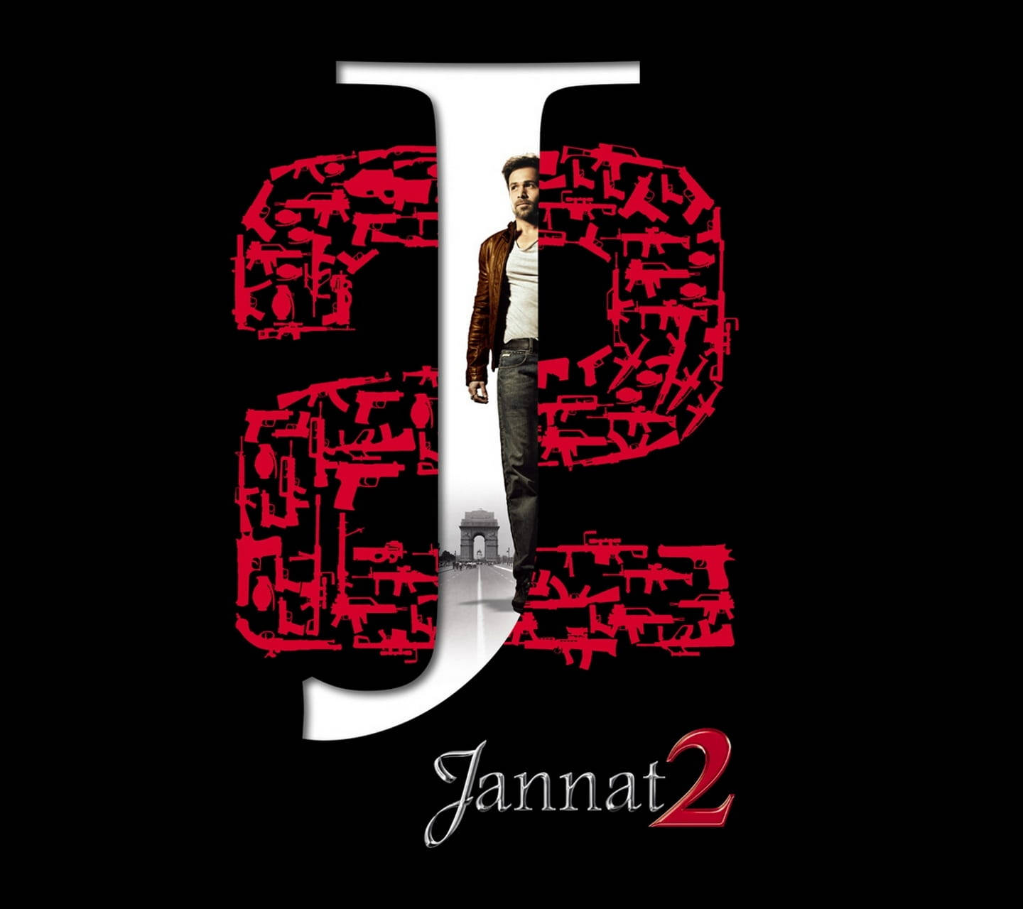 電影《Jannat 2》的海報，一名穿著棕色夾克的男人站在一個充滿槍枝形狀的大字母J內。