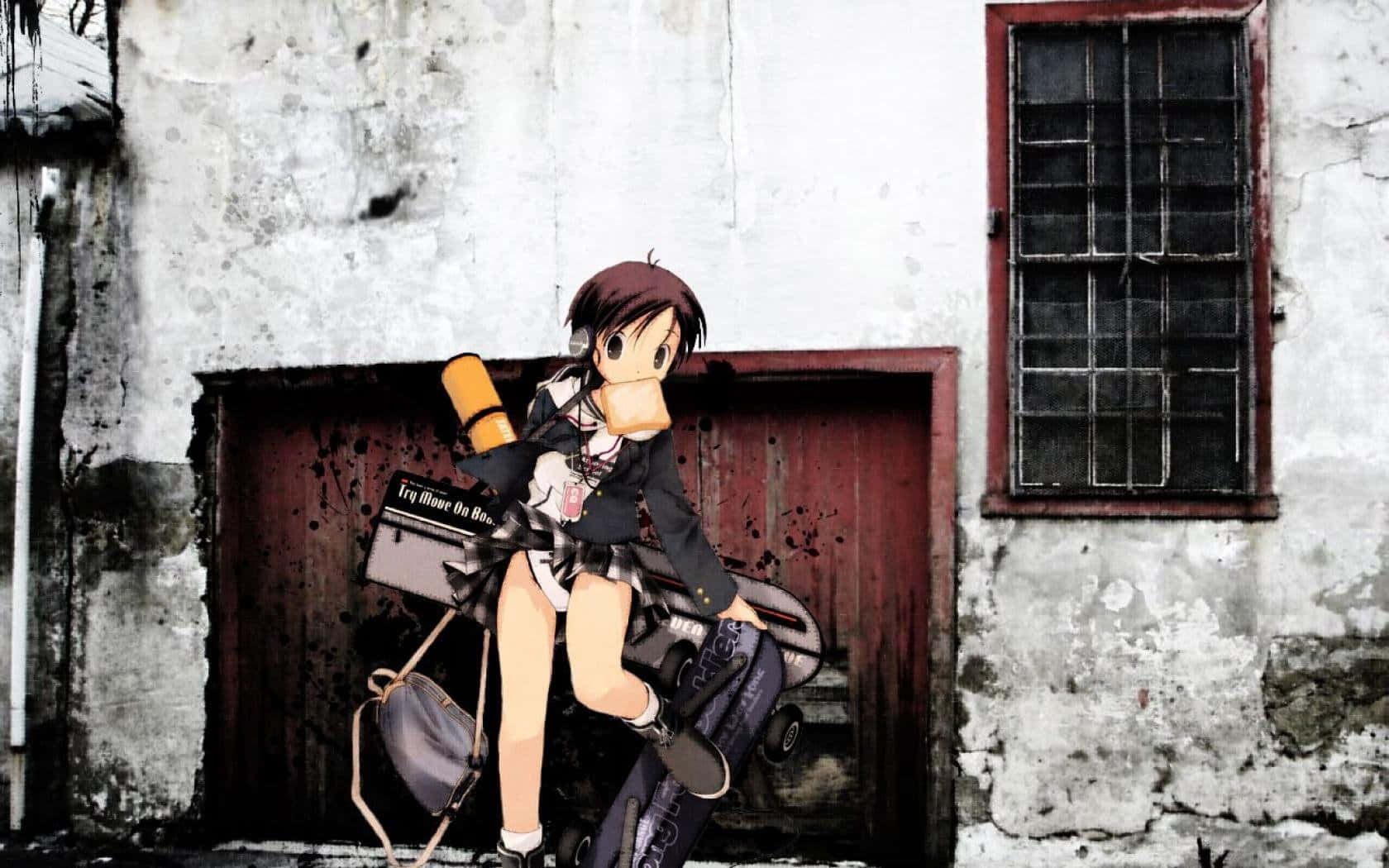 動畫女孩拿著結他和袋靠著生鏽的城市門。