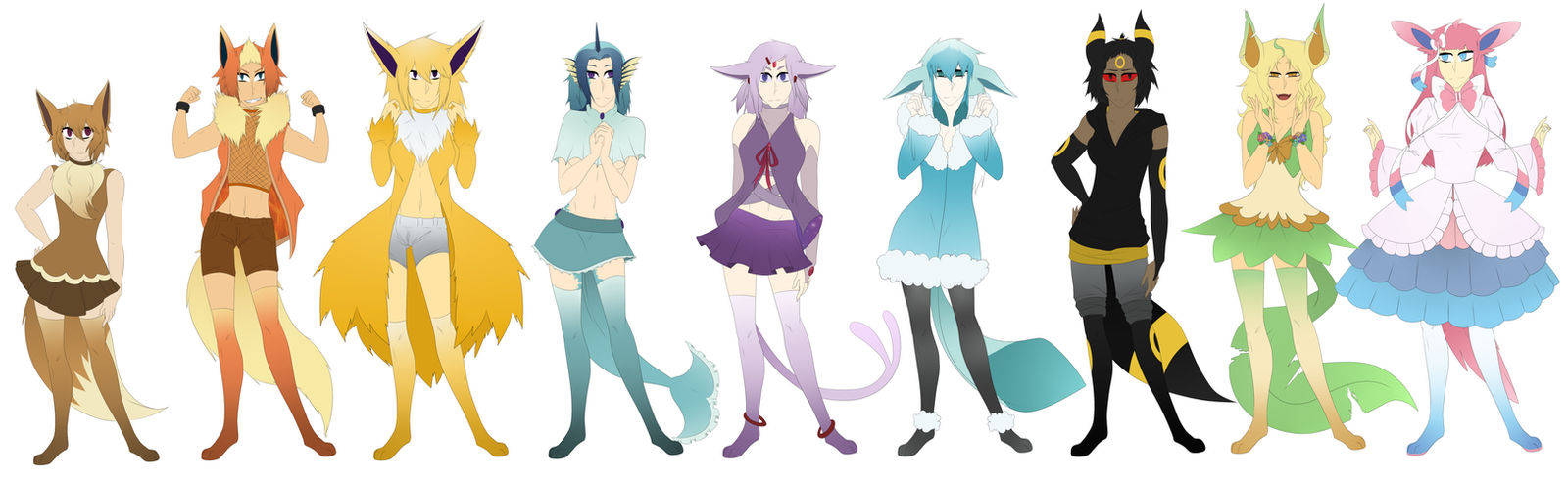 八個動漫風格的擬人化狐狸和貓角色，穿著鮮豔的服裝。