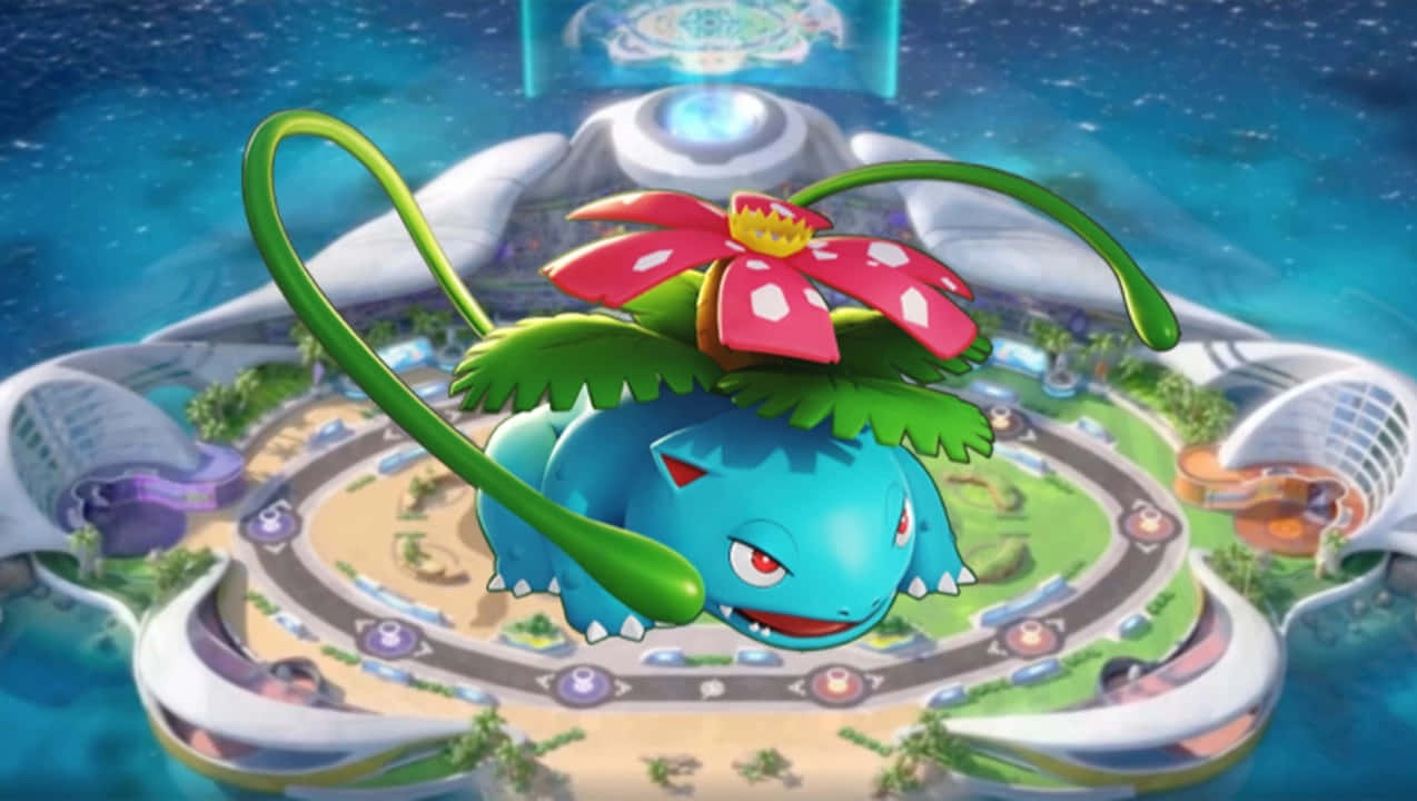 Bulbasaur 喺一個有發光建築物同星空嘅未來城市上面漂浮。