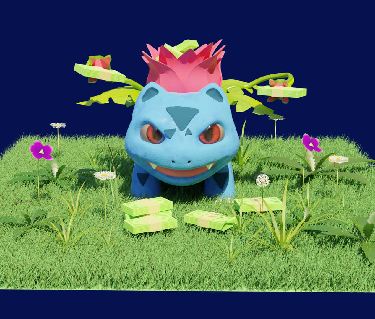 藍色 Bulbasaur 有粉紅色花頭，企喺有花同綠色方塊嘅草地上。