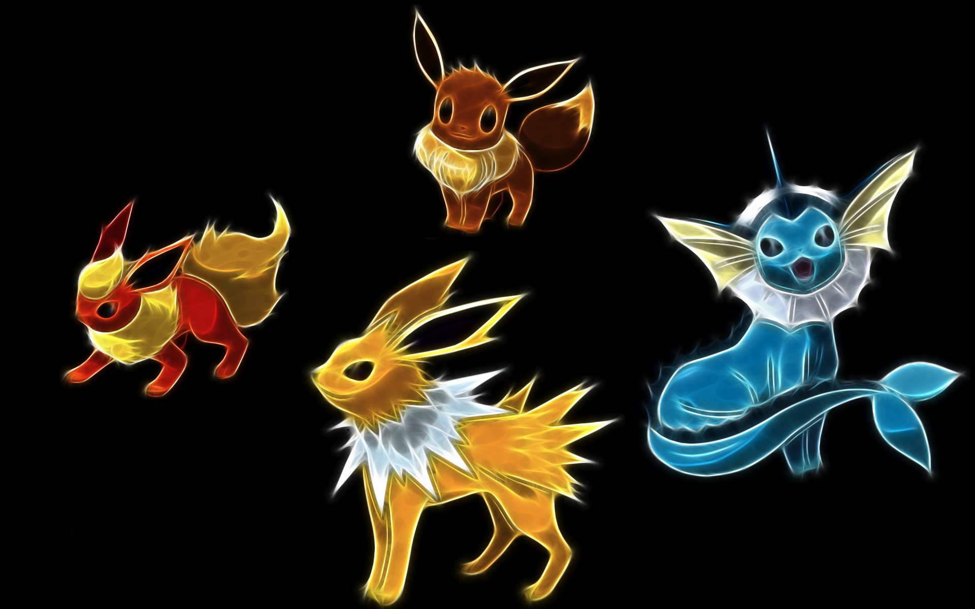 四隻發光的 Pokémon 伊布進化型在黑色背景上。