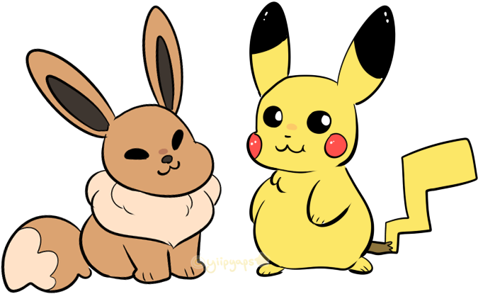 伊布與皮卡丘朋友 壁紙 — 兩隻可愛嘅Pokémon伊貝同比卡超並排坐喺黑色背景上，用簡單卡通線條同柔和顏色。