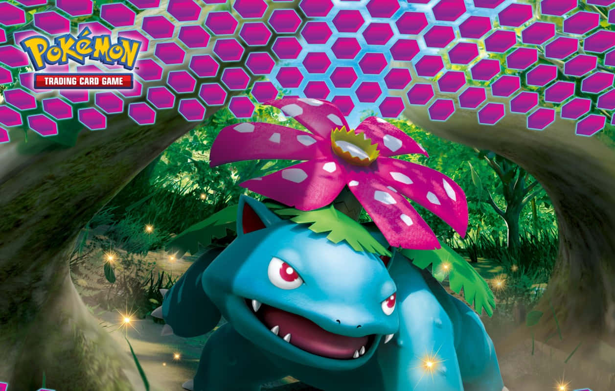 伊布薩爾進化形態 壁紙 — 一隻藍色嘅比卡超（Pokémon）頭上有朵粉紅色花，企喺發光嘅森林入面，下面係六角形嘅粉紅同藍色天花板。