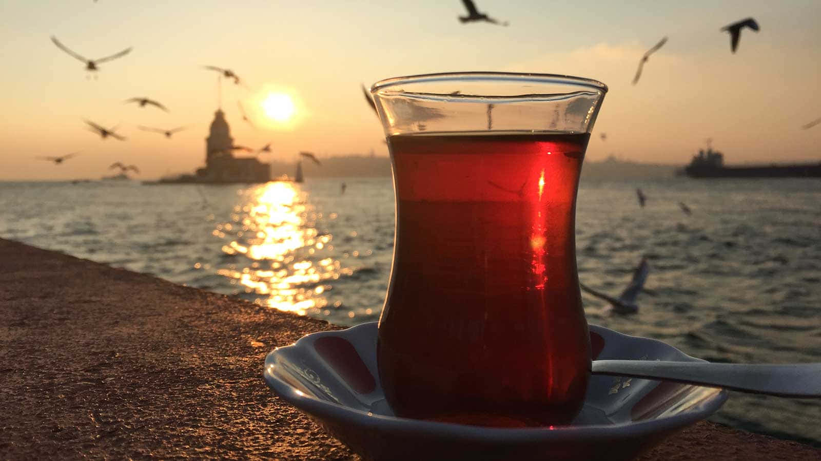 伊斯坦堡的壯麗風景 壁紙 — 一杯濃郁的紅色土耳其茶放在碟子上，置於水邊，太陽在少女塔後落下，鳥兒在頭頂飛翔。
