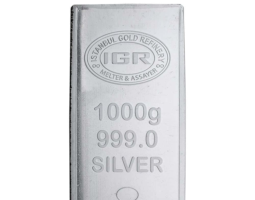 銀色 桌布 壁紙 — 伊斯坦堡黃金精煉廠標記的拋光1000克999.0純銀條特寫。