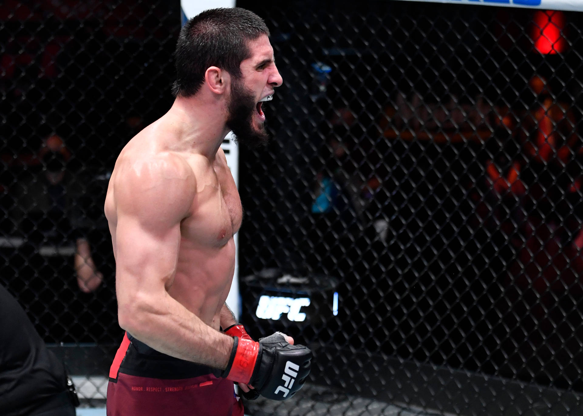 一名赤裸上身的MMA拳手在UFC八角籠內慶祝勝利。