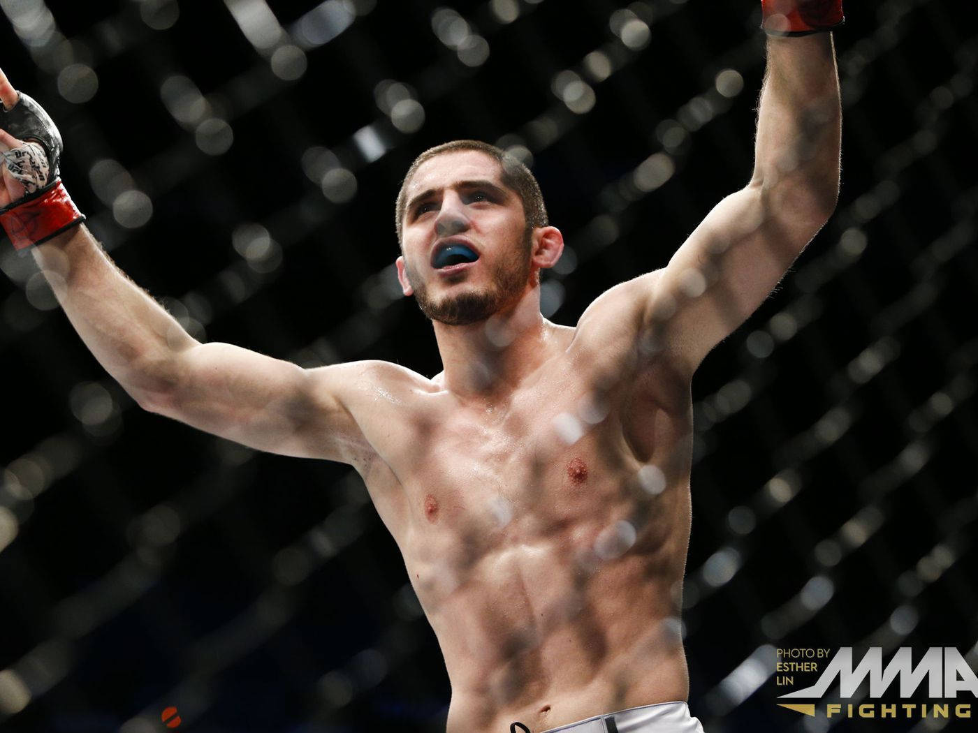 MMA拳手在八角籠內高舉雙臂慶祝勝利。