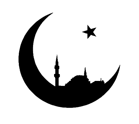 伊斯蘭新月與星星剪影 壁紙 — 白色背景上，新月和星星內嵌套的清真寺宣禮塔和圓頂的黑色剪影。