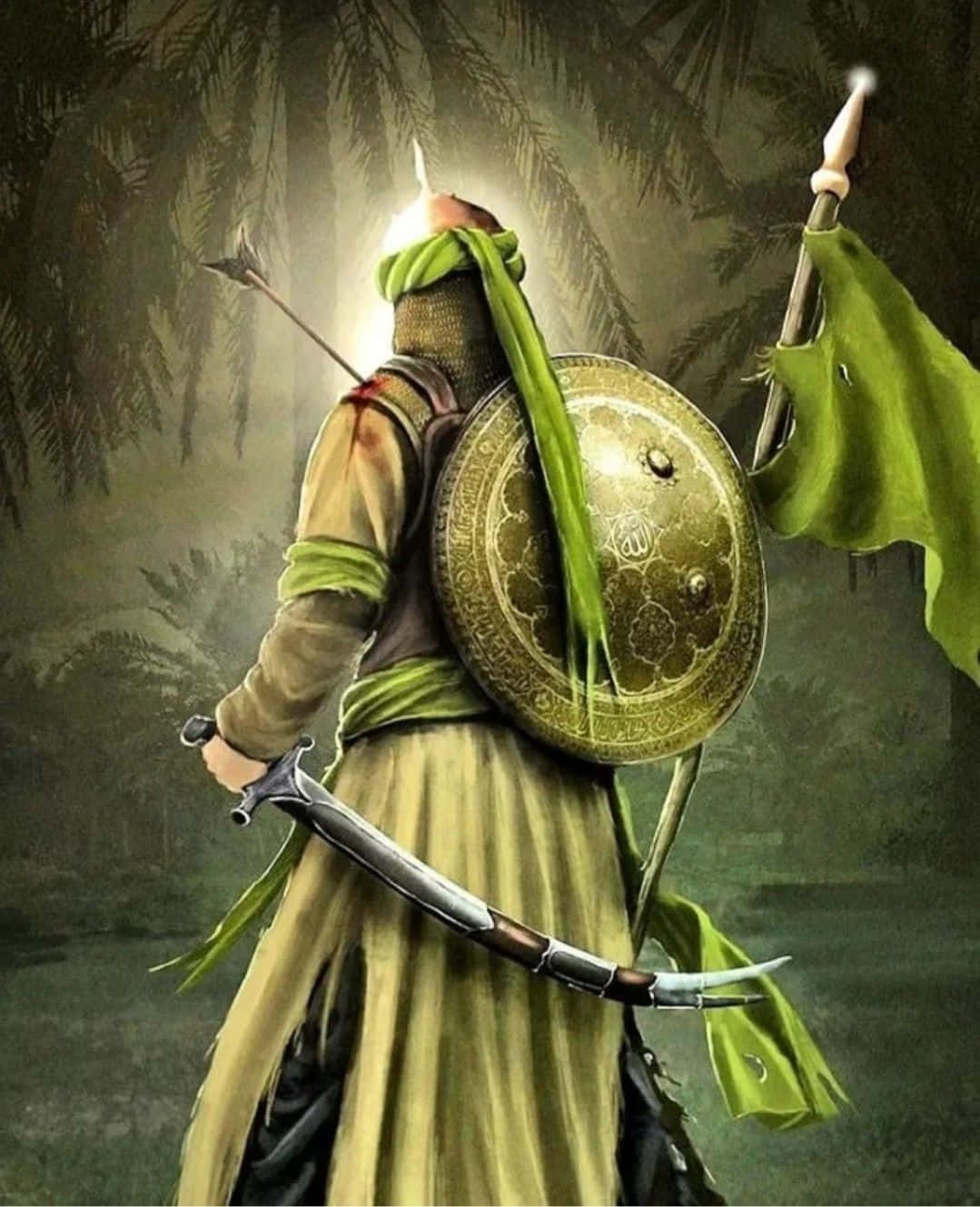 伊斯蘭武裝戰士 壁紙 — 一名身穿綠色和金色盔甲的戰士在叢林中背光站立，手持彎曲的劍和華麗的盾牌。