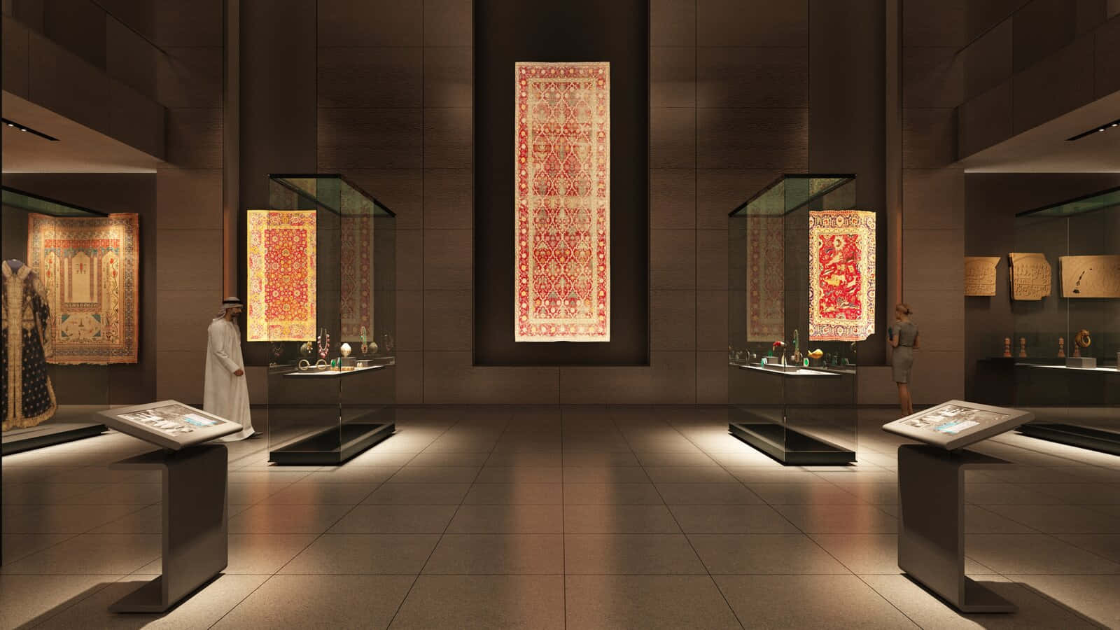 伊斯蘭藝術博物館內部展覽 壁紙 — 奢華古董地毯，帶有複雜的紅色和金色圖案，在現代博物館畫廊的溫暖聚光燈下展示。