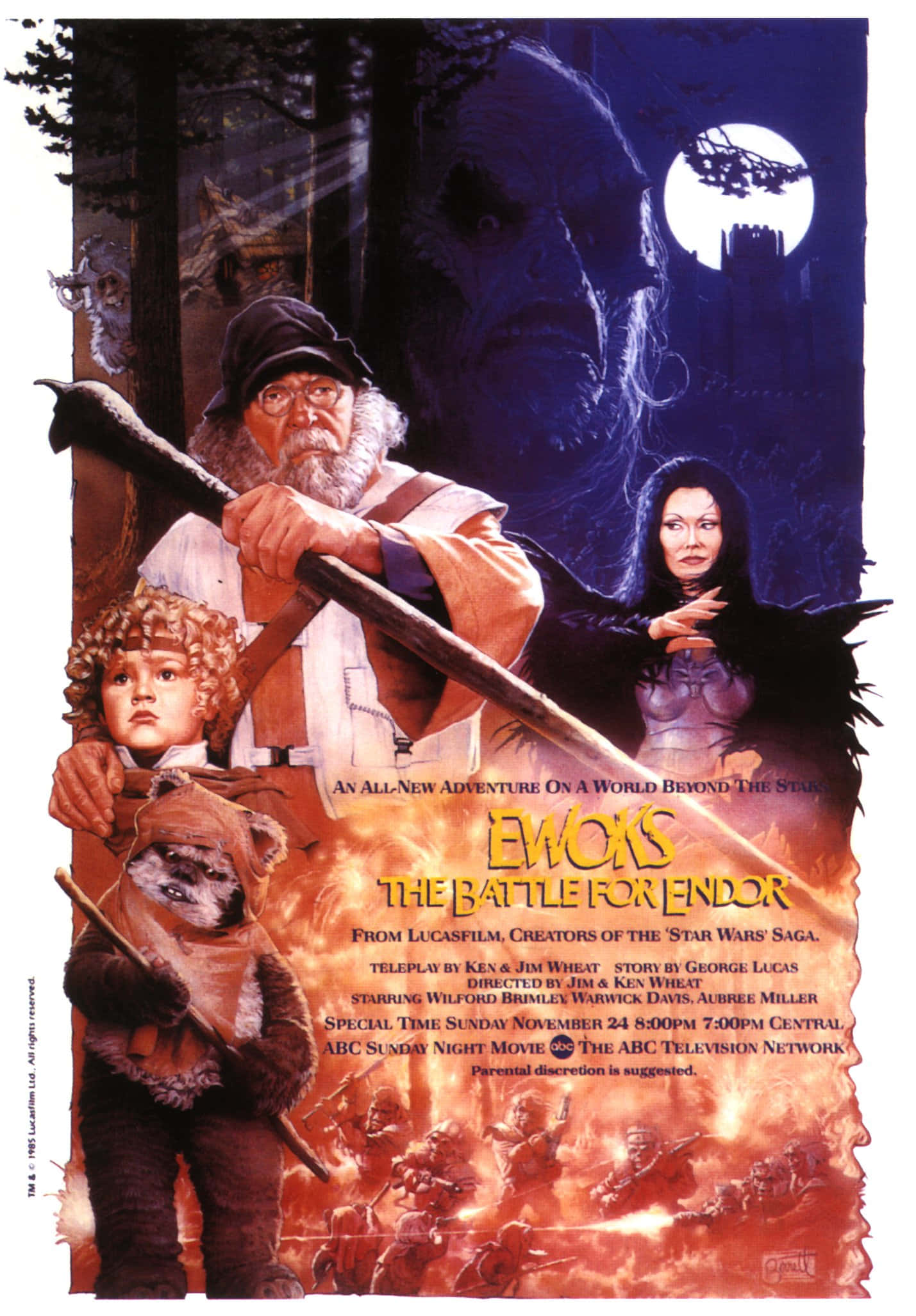 The Battle Of Endor 桌布 壁紙 — 《伊沃克：為安鐸而戰》中的激烈戰鬥場景，角色們在黑暗月光下的森林背景中。