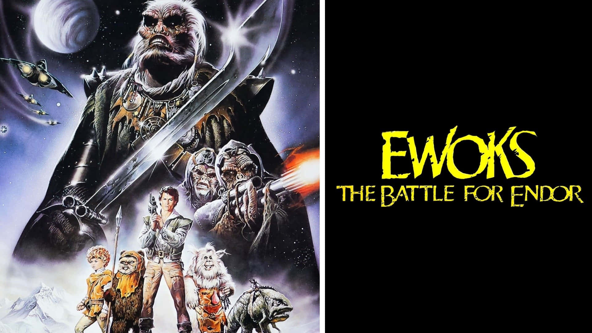 The Battle Of Endor 桌布 壁紙 — 伊沃克人在星空太空背景下與高大的烏奇戰士戰鬥，背景有太空船和雪峰。