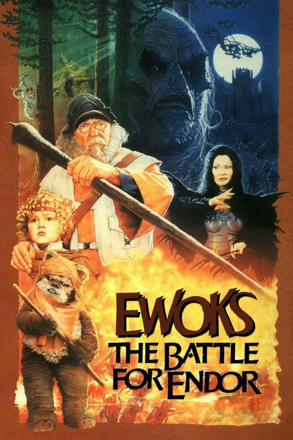 The Battle Of Endor 桌布 壁紙 — 伊沃克人在滿月下與一個巨大的威脅面孔在火熱的森林場景中戰鬥。