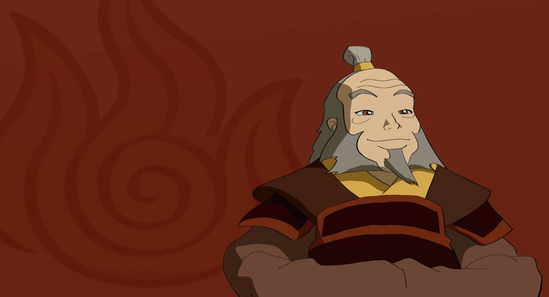 灰鬍鬚年長火術師身穿傳統長袍，背景為紅色火焰漩渦。