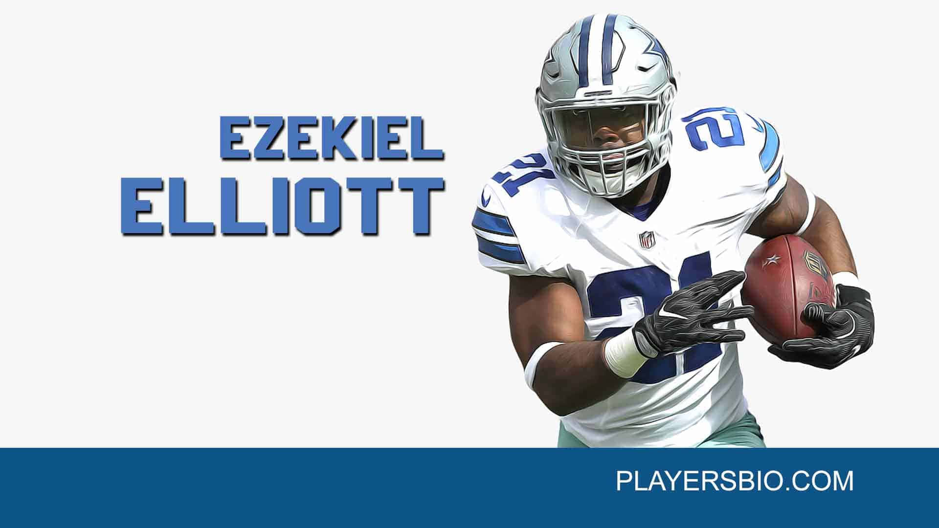 身穿達拉斯牛仔隊裝備的足球員 Ezekiel Elliott 持球奔跑。
