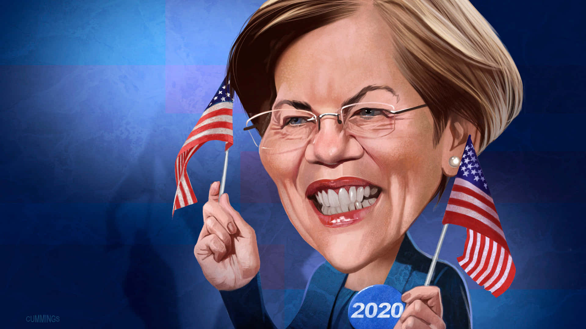 伊麗莎白·沃倫手持美國國旗和2020年競選徽章的諷刺畫。