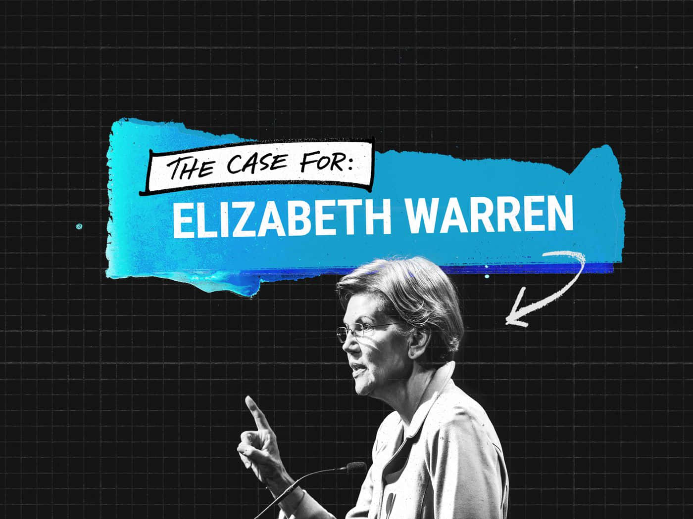 伊麗莎白·沃倫說話時，頭頂有一條藍色橫幅，上面寫著「The Case For: Elizabeth Warren」。