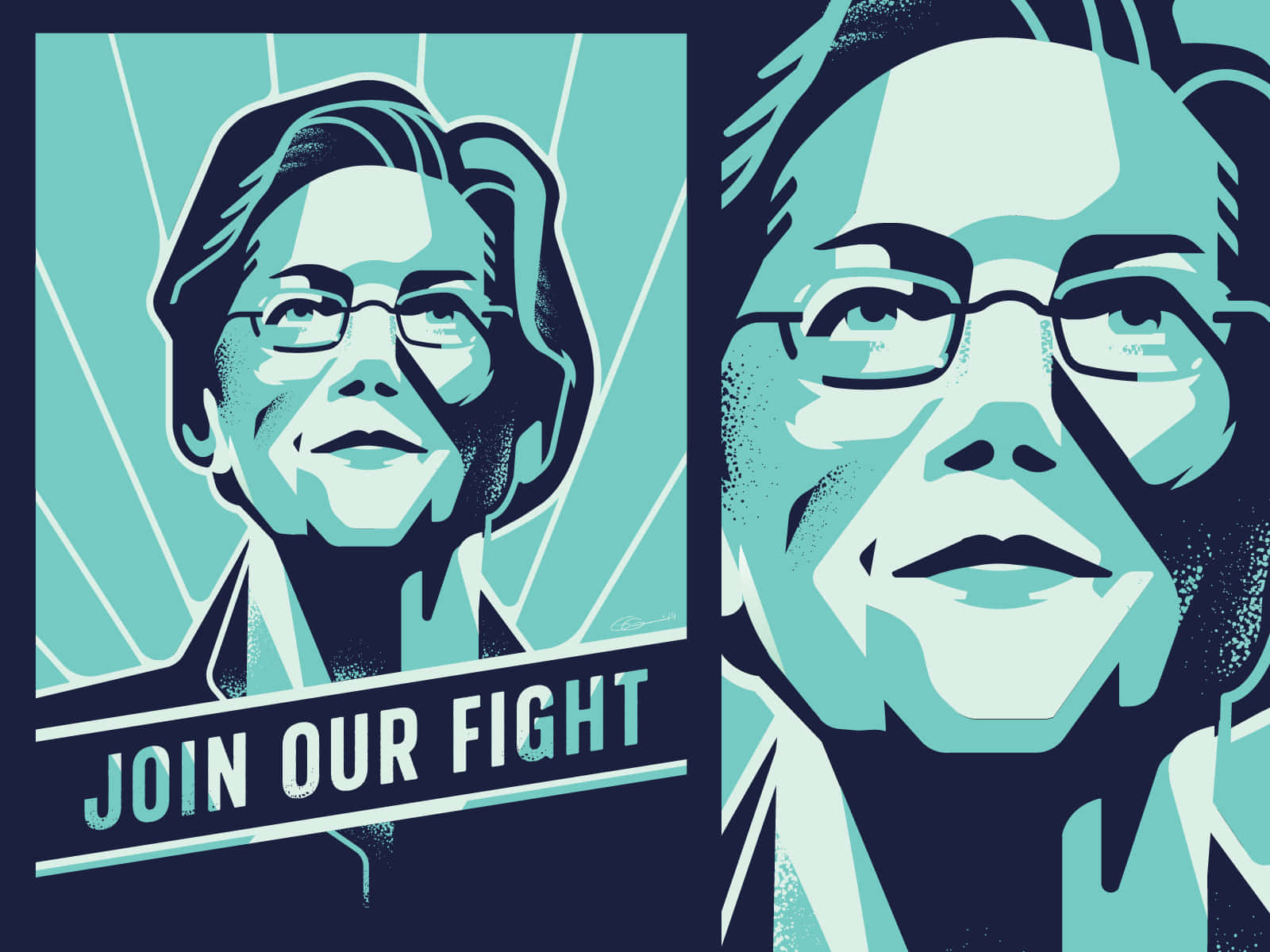 政治海報， featuring 兩位戴眼鏡的女性及文字 join our fight。