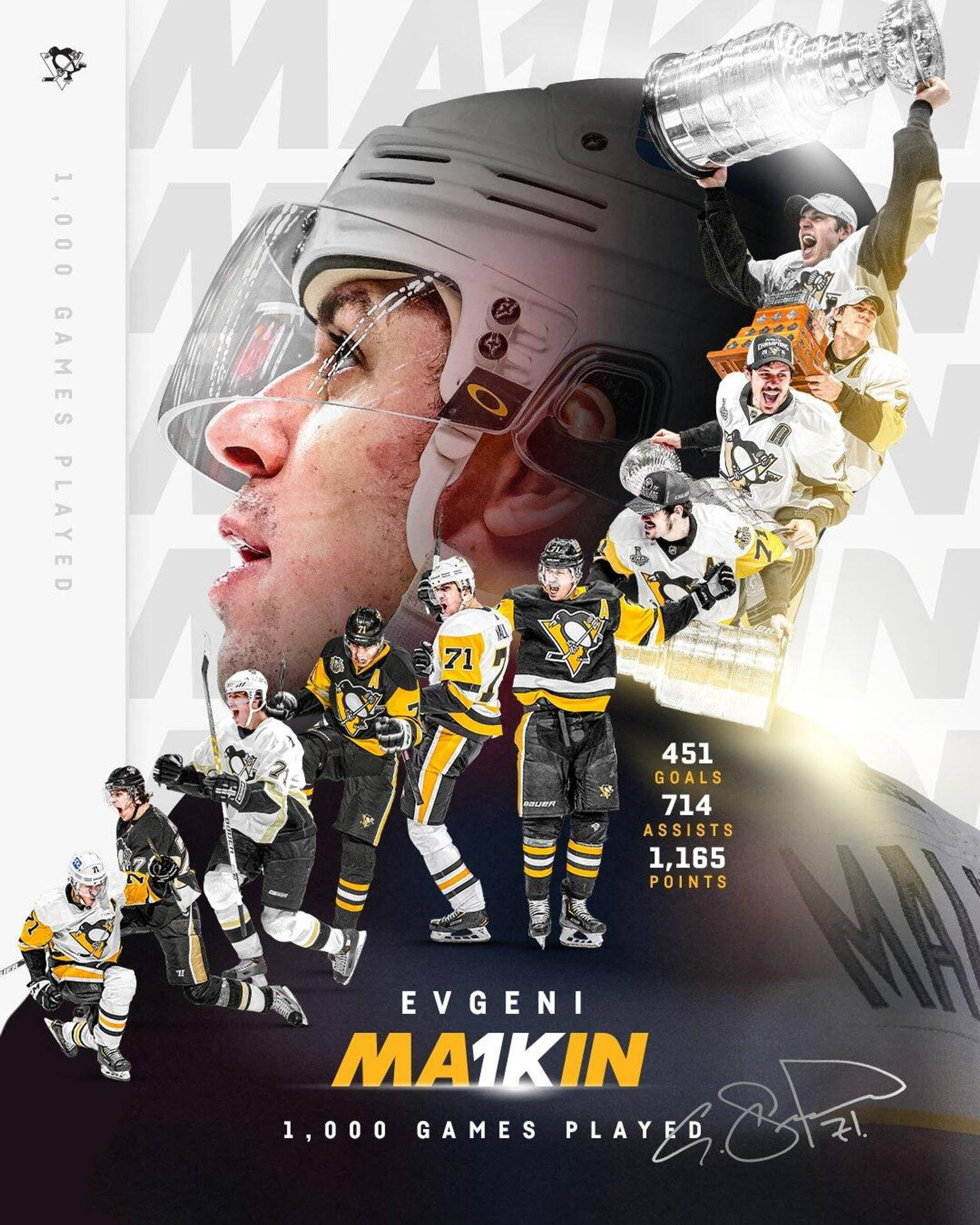 冰球運動員 Evgeni Malkin 慶祝 1000 場比賽，附有統計數據和獎盃拼貼。