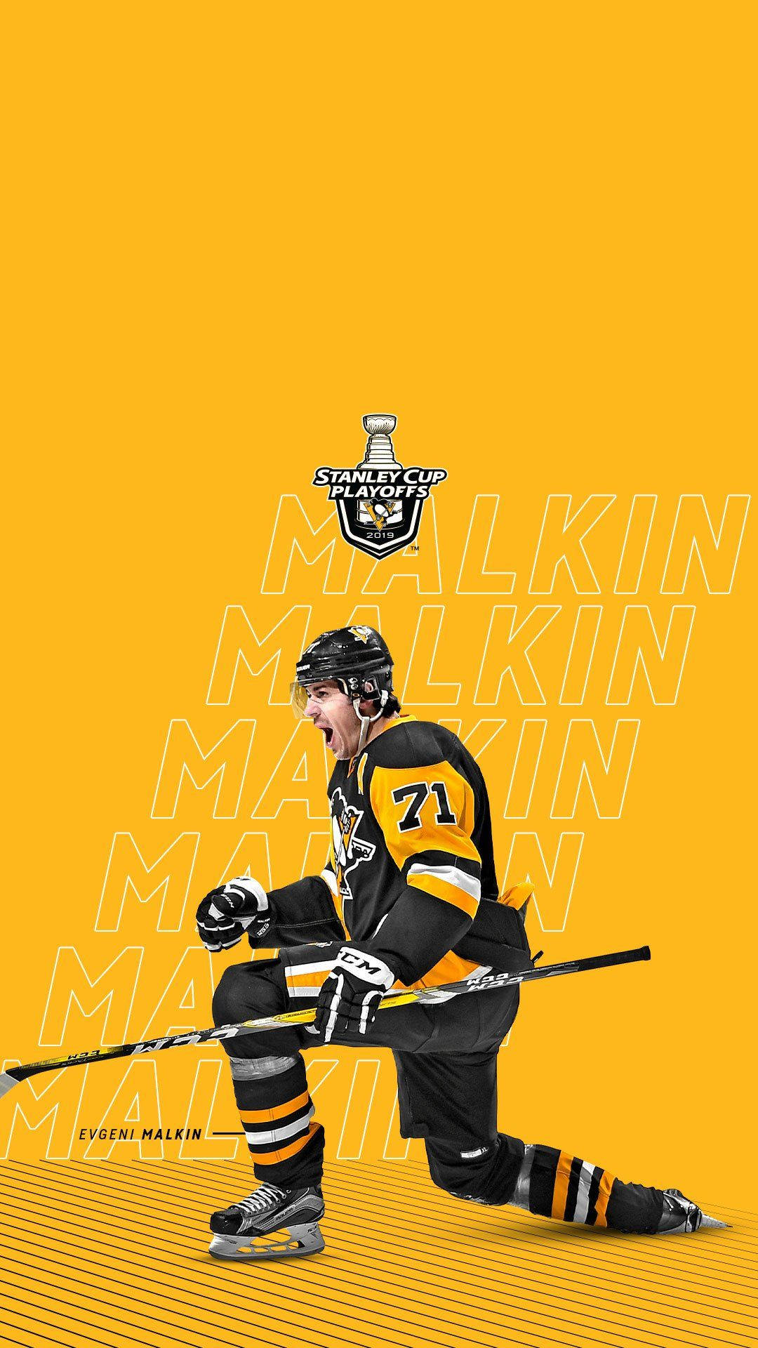 冰球運動員 Evgeni Malkin 身穿黑金色球衣，手持球棍跪在黃色背景上，附有名字文字及 Stanley Cup Playoffs。