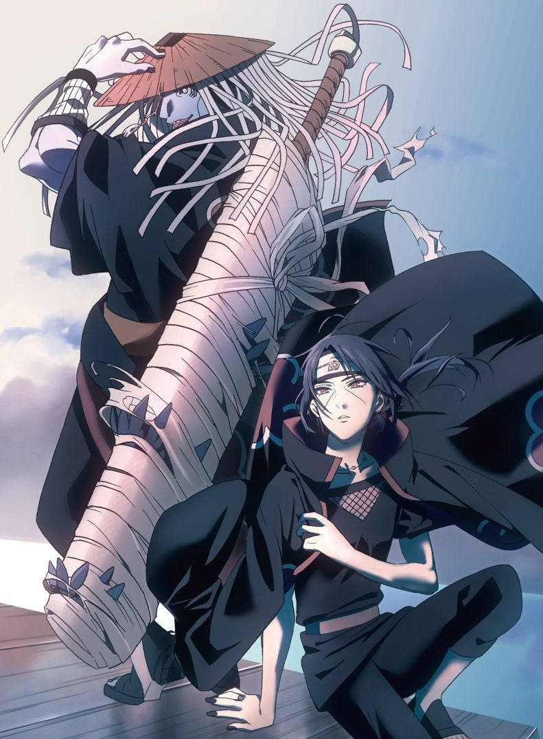 兩個動漫戰士蹲在木甲板上，天空多雲。