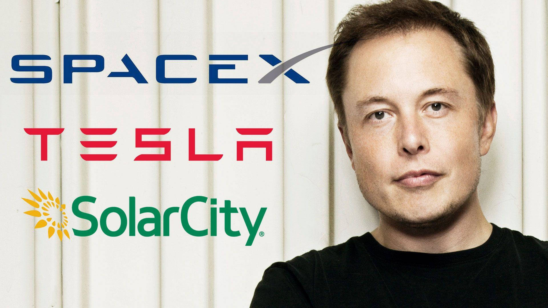 Elon Musk 喺白色背景前 SpaceX Tesla SolarCity 標誌前面。 — 馬斯克 壁紙