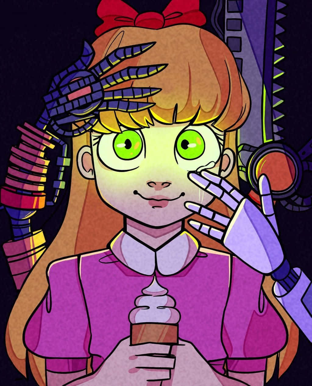 伊麗莎白·Afton 家族 壁紙 — 一個擁有發光綠色眼睛和機械手的女孩，在黑暗的機械背景下拿著一個雪糕筒。