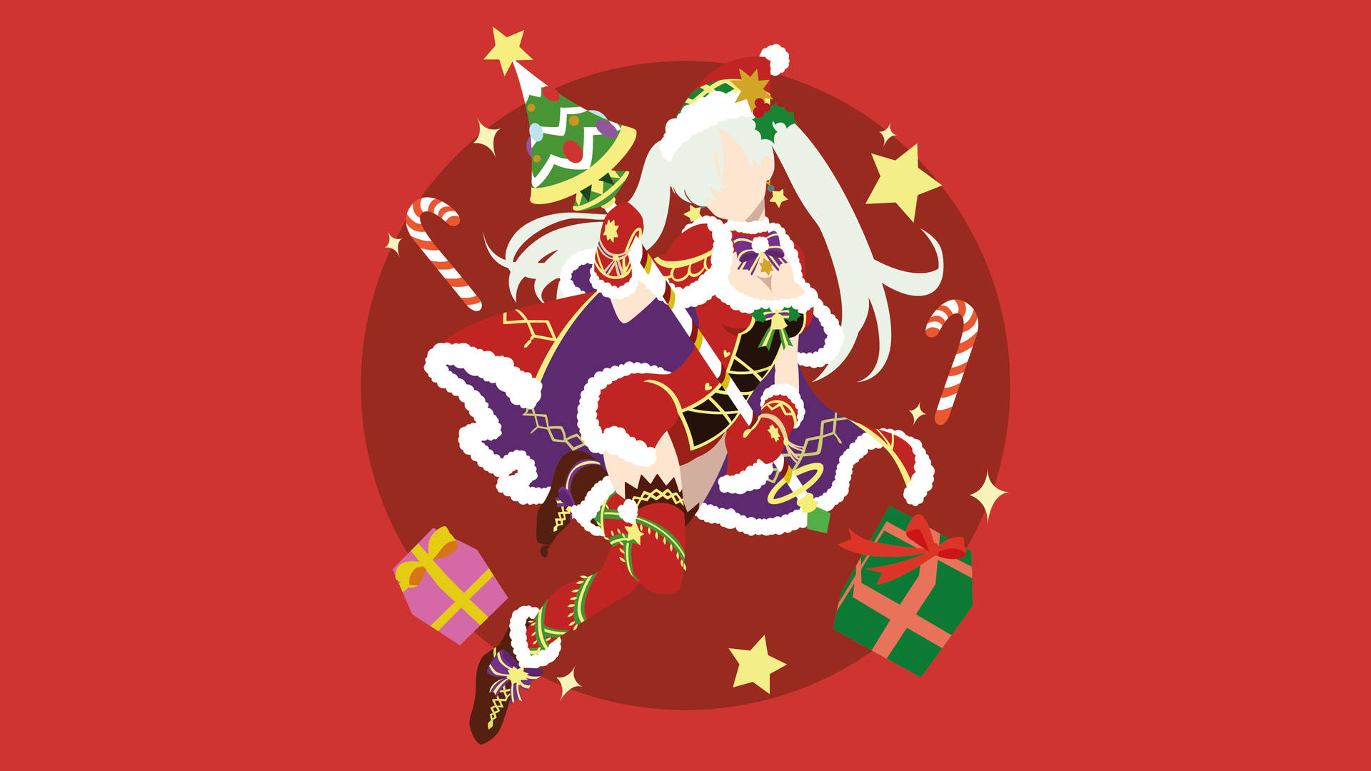 動漫女孩穿著聖誕服裝，在紅色背景上擺放禮物和拐杖糖