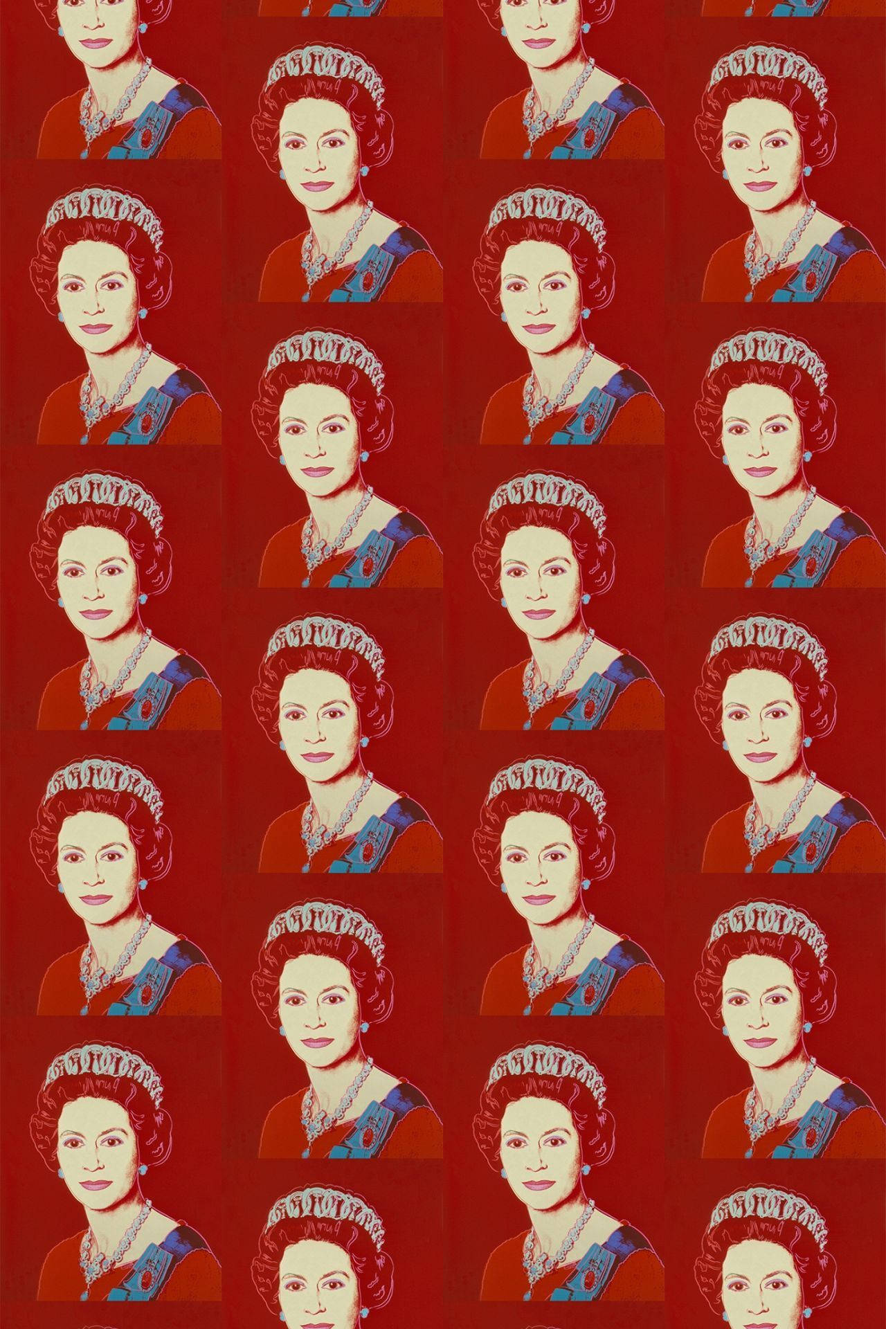 伊麗莎白女王向量藝術 壁紙 — 重複的網格，展示伊利沙伯二世女王的肖像，以鮮明的紅色和藍色呈現，背景為深紅色。