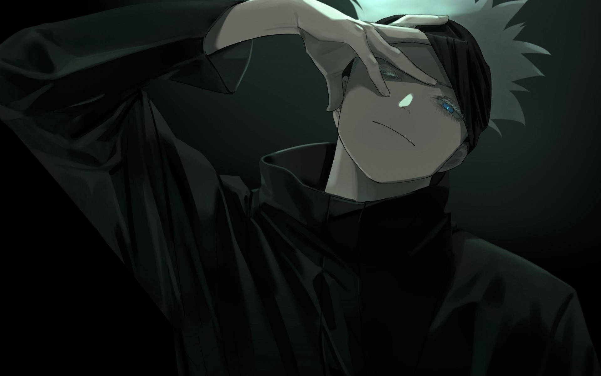 伏黑惠數位藝術《咒術迴戰》桌面壁紙 壁紙 — 一個莊嚴的動漫角色穿著黑色斗篷，在黑暗背景中用手遮住臉。