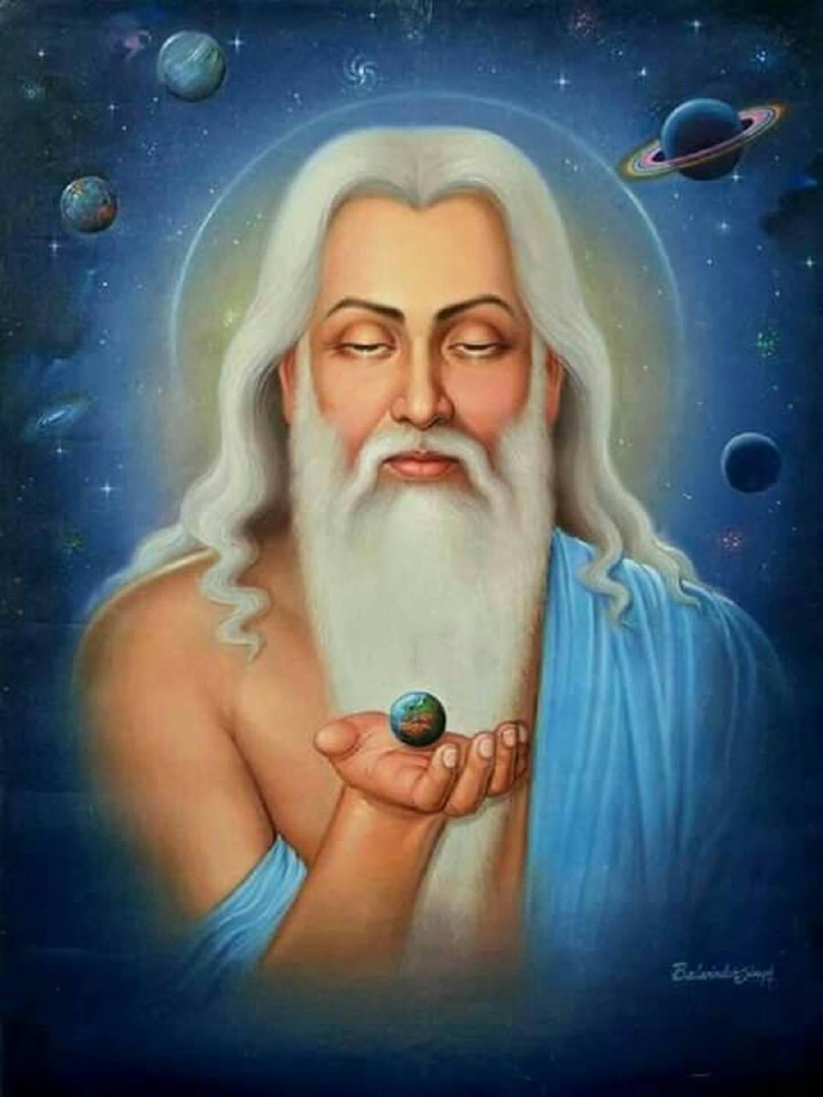 一位睿智的智者在漂浮的行星和星星之間，雙手輕捧著一個小地球。