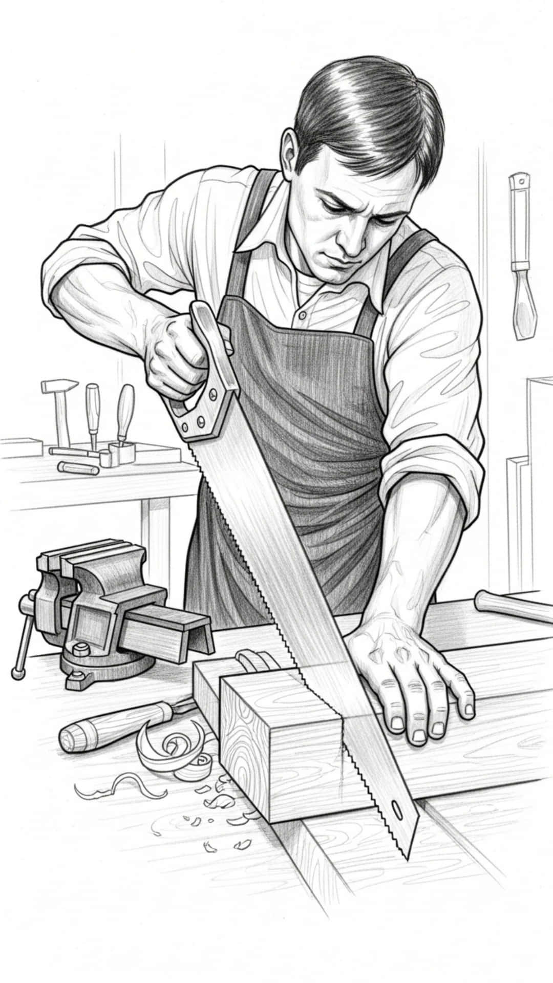 男人在工坊裡用工具和木屑鋸木頭
