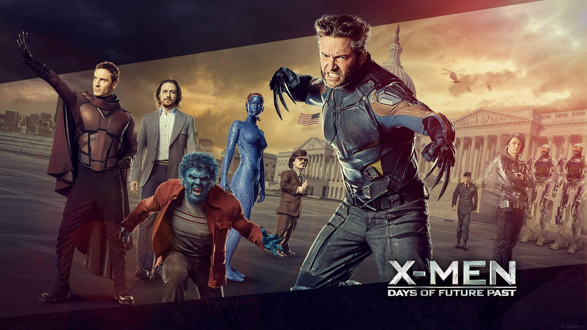 X-Men 團隊在戲劇性的日落中，英雄式地站在國會大廈前擺姿勢。