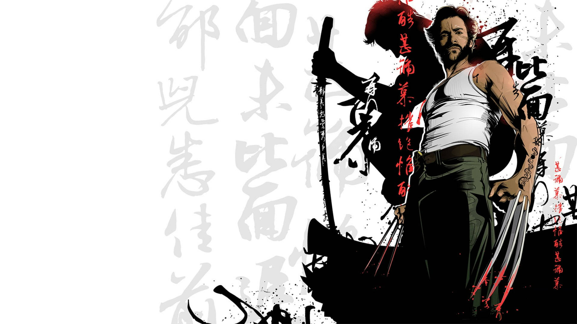 動漫風格的狼人，在書法背景下伸出爪子