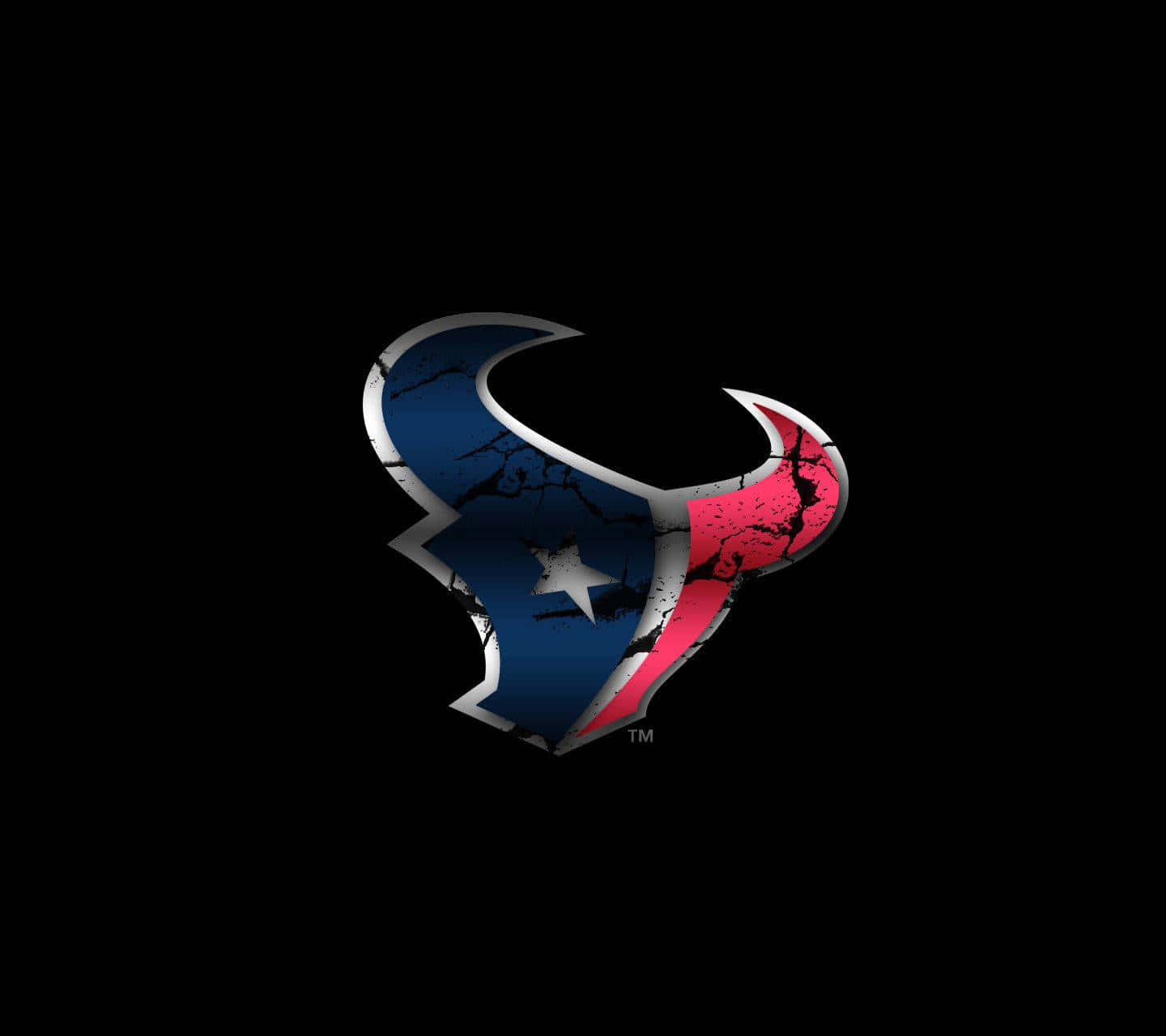 休士頓 Texans 官方隊標 壁紙 — 一個裂開的侯斯頓德州人標誌，帶有藍色、紅色和銀色，背景為黑色。