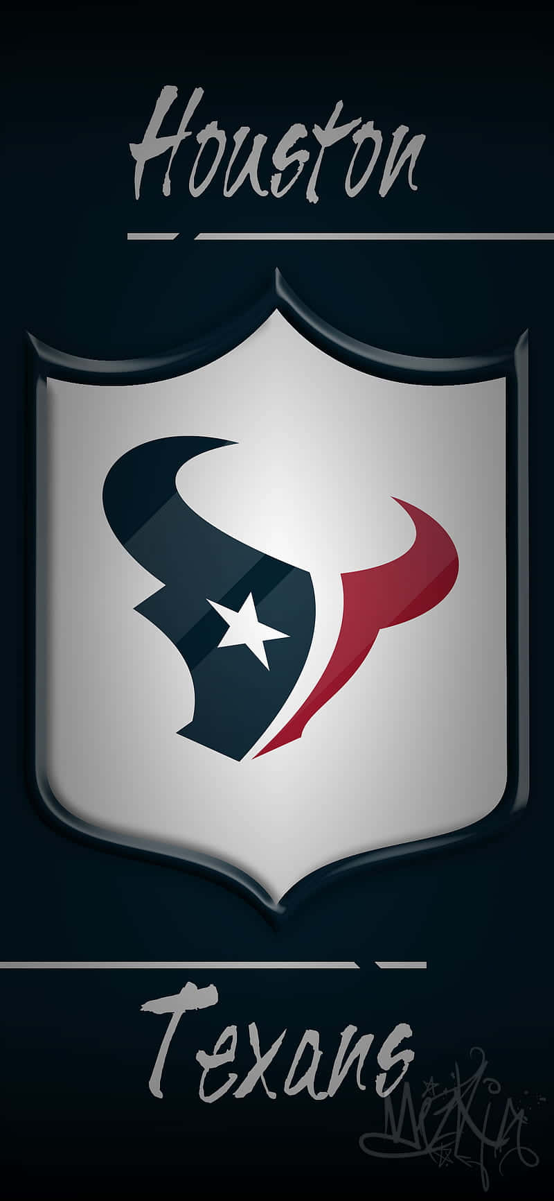 休士頓 Texans 隊標 壁紙 — 時尚的侯斯頓德州人隊標誌盾牌，帶有星星和公牛角，背景為深色。