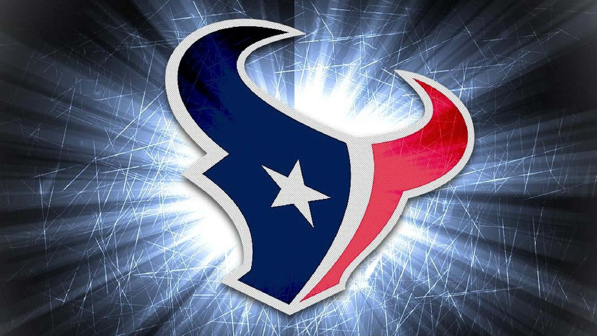 休士頓 Texans 隊標 壁紙 — 一個發光的侯斯頓德州人隊標誌，帶有藍色、紅色和白色的角，在刮花的金屬背景下散發出明亮的光芒。