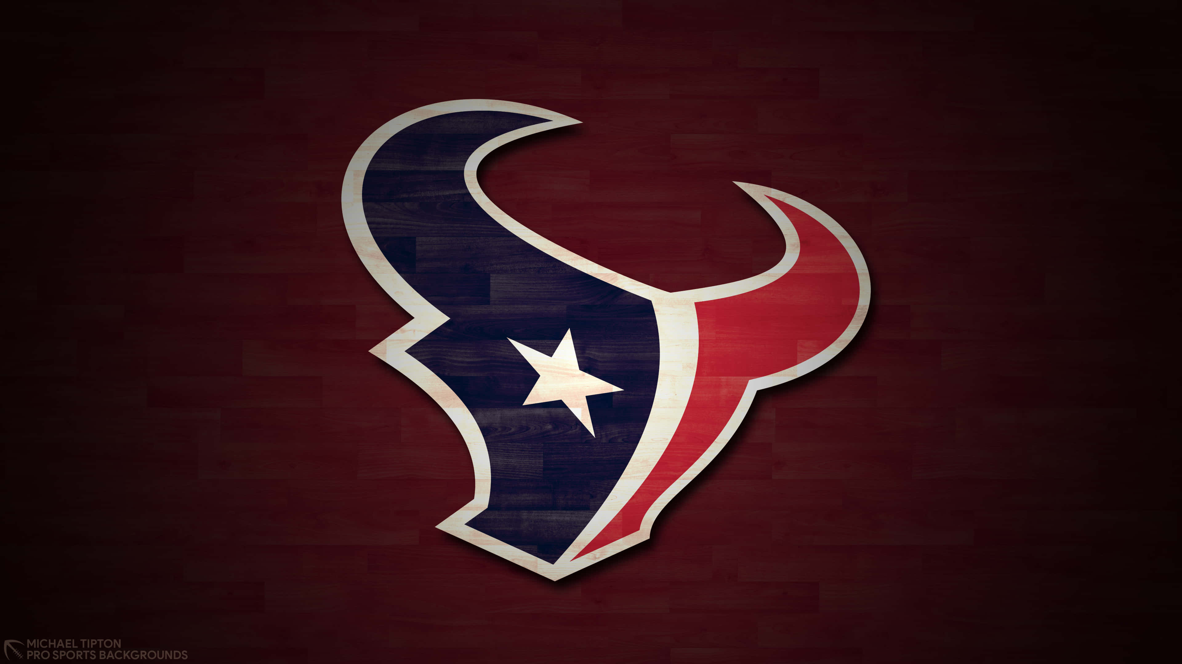 休士頓 Texans 隊標 壁紙 — Houston Texans 標誌，帶有星星和角，背景為深色木紋。